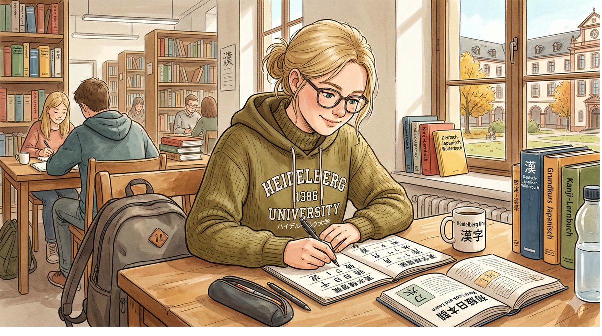 Studierende lernen Kanji in der Bibliothek der Universität Heidelberg