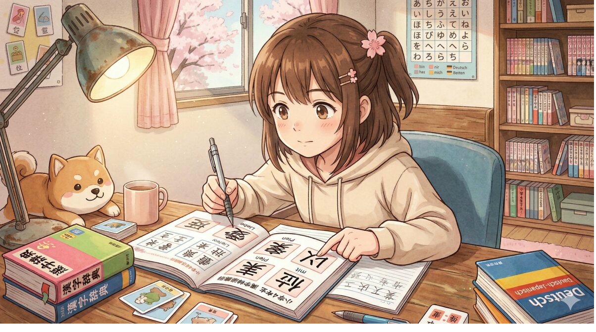 ハイデルベルク大学の図書館で漢字を勉強する学生のイラスト