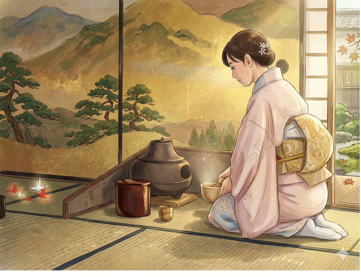 ハイデルベルク大学の図書館で漢字を勉強する学生のイラスト